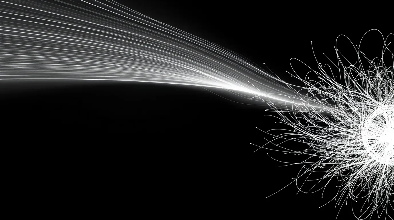 Abstract composition: chaotic lines gradually resolving into calm parallel ones