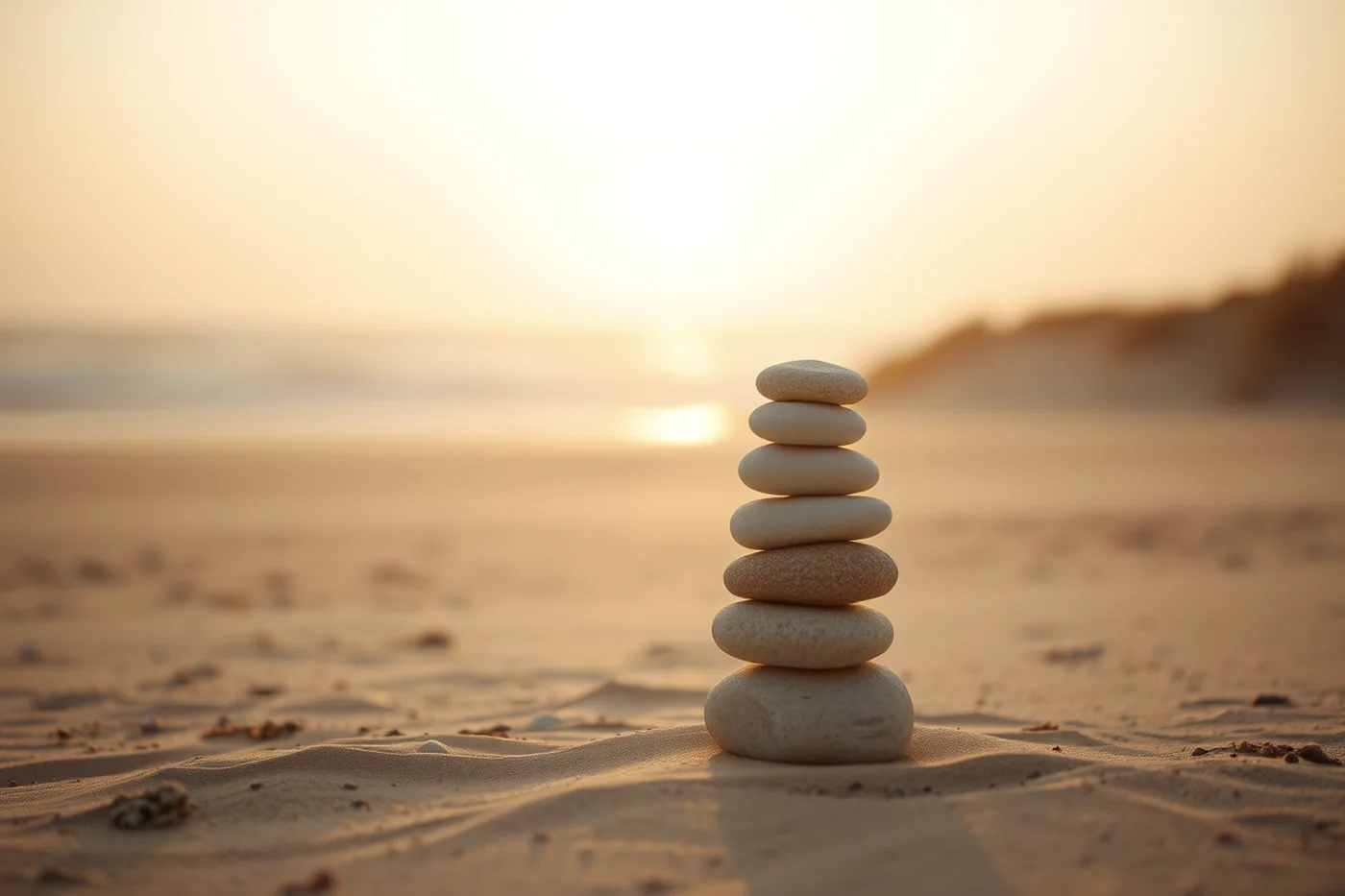 A balanced cairn of beach stones with the low sun glowing behind it