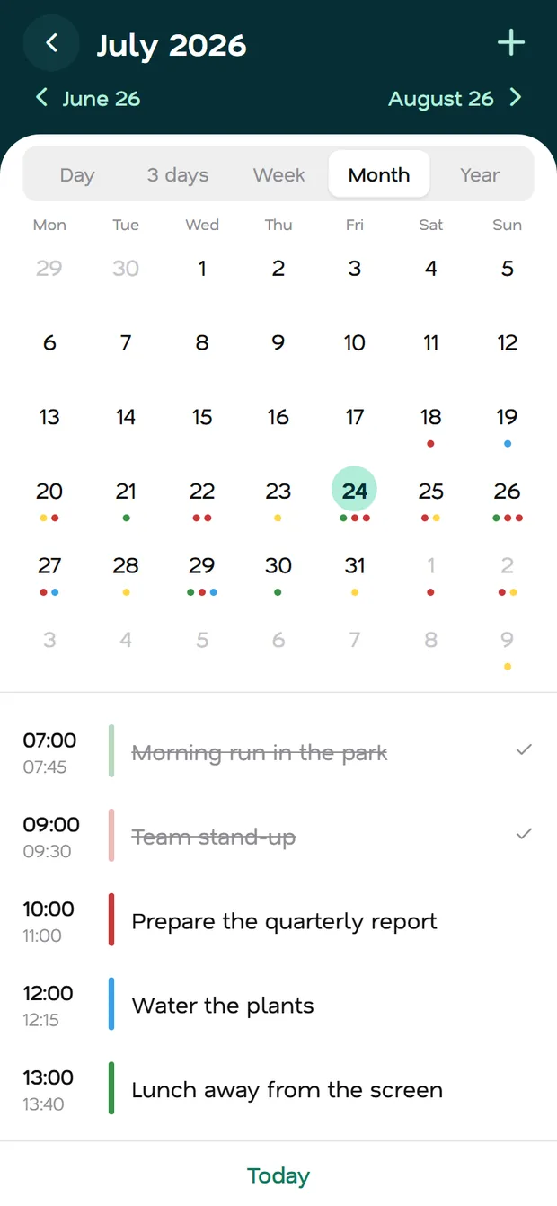 Fluena calendar with the day laid out