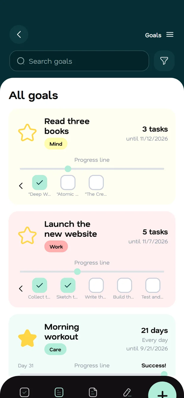 Fluena goals screen with progress