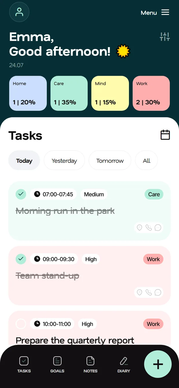 Fluena home screen: life balance by category and today's tasks