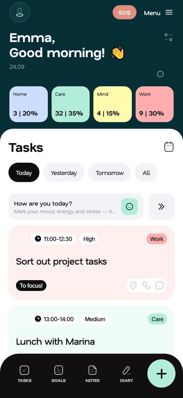 Fluena home screen: life balance by category and today's tasks